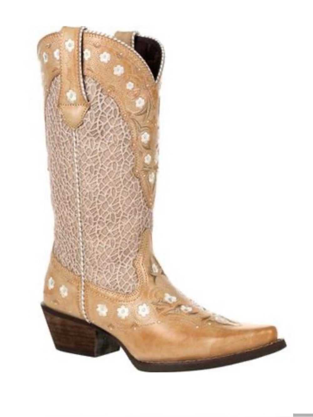 Durango cowboy boots tan leather white lace-like shaft floral
